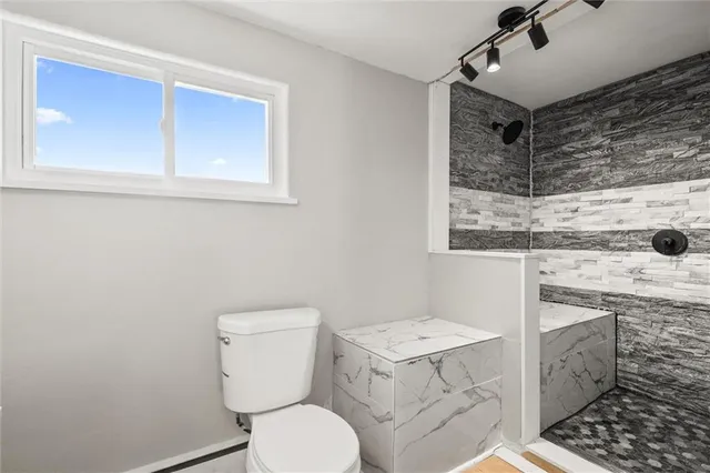 a bathroom with a granite countertop toilet and a sink