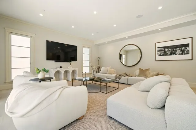 a view of a dining room with furniture