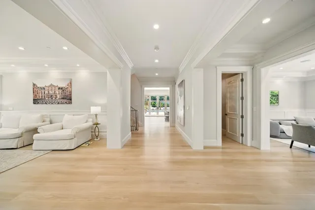 a living room with couches and a potted plant