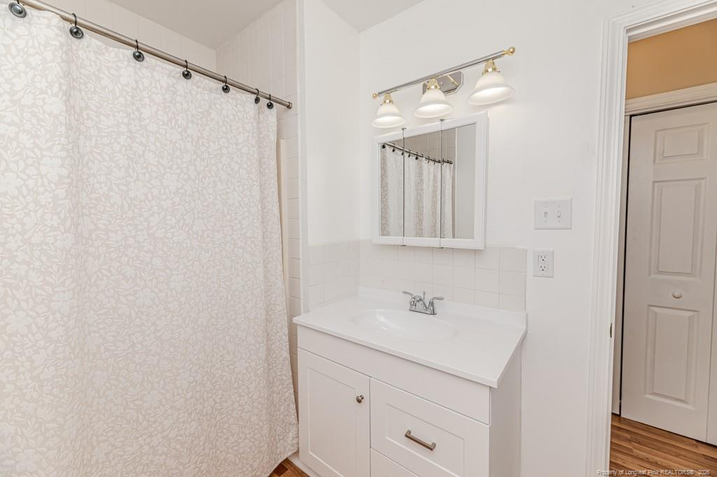 222 St Andrews Church Road Sanford, NC 27332 - Photo 15 of 24 a bathroom with a sink a mirror and a shower curtain