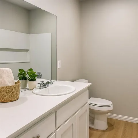 a bathroom with a sink a toilet and a mirror