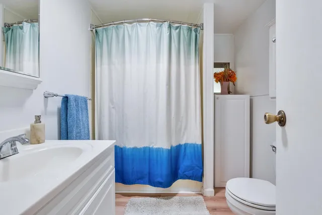 a bathroom with a sink a toilet and shower curtain