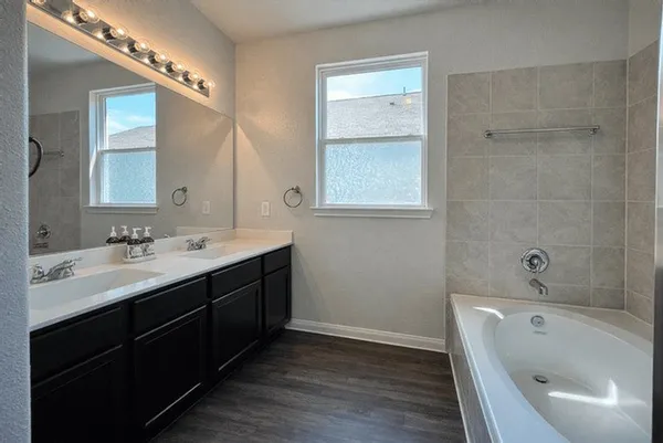 a bathroom with a tub double vanity sink and mirror