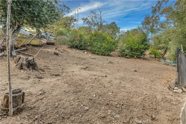 a view of a dry yard with trees in the background