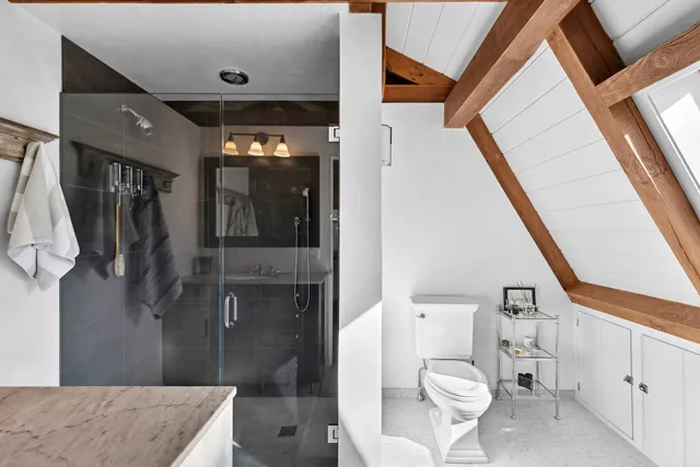 a bathroom with a toilet and a shower