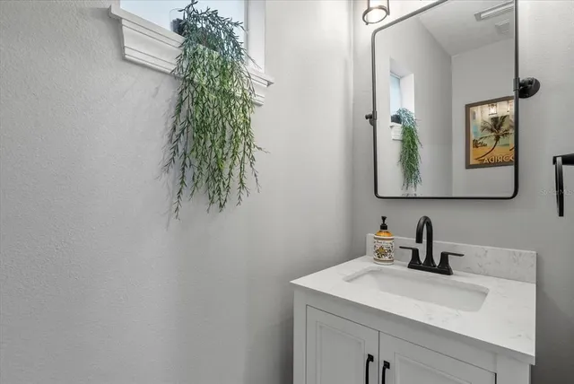 a bathroom with a sink and a mirror