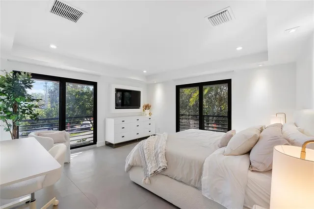 a bed room with a bed and a view