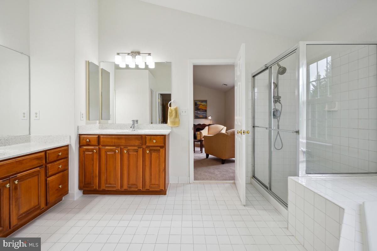 18521 Cornflower Road Boyds, MD 20841 - Photo 57 of 62 a spacious bathroom with a granite countertop sink and a mirror