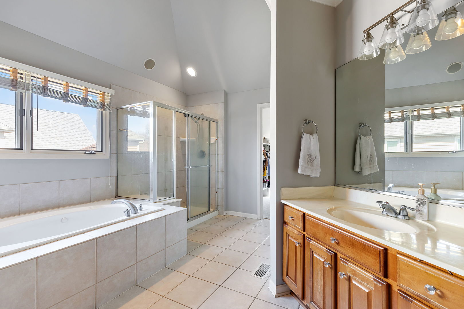 Undisclosed Address Aurora, IL 60502 - Photo 11 of 18 a bathroom with a granite countertop bathtub a sink and a large mirror