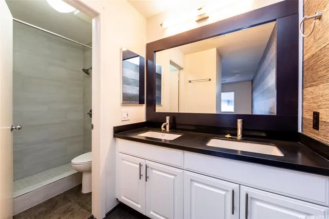 a bathroom with a double vanity sink toilet and shower