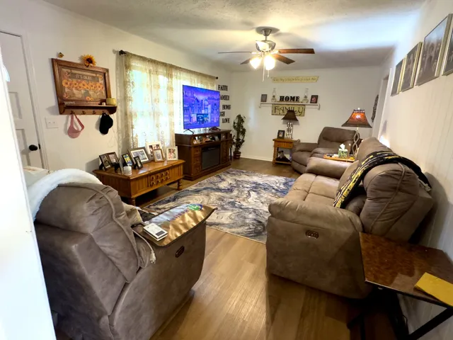 a living room with furniture ceiling fan and a rug