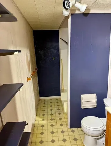 a bathroom with a toilet and a shower