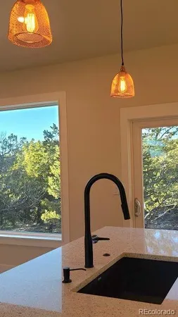 a view of a city from a dining room