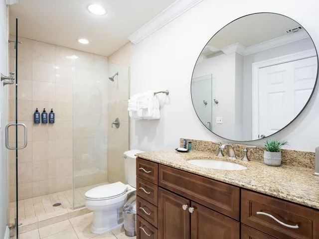 a bathroom with a granite countertop sink a toilet and a mirror
