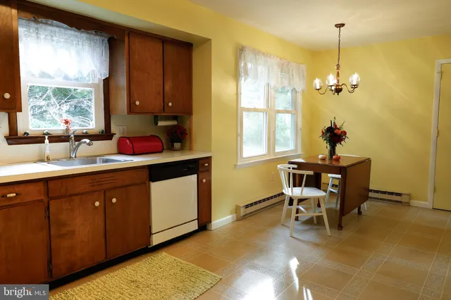 a kitchen with a table chairs and a sink