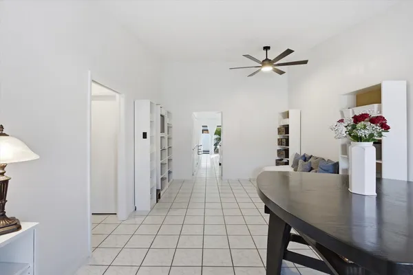 a view of a dining room with furniture