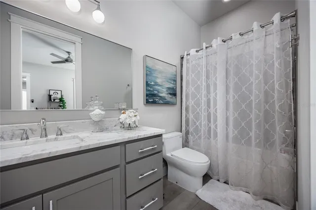 a bathroom with a toilet a sink a mirror a vanity and shower