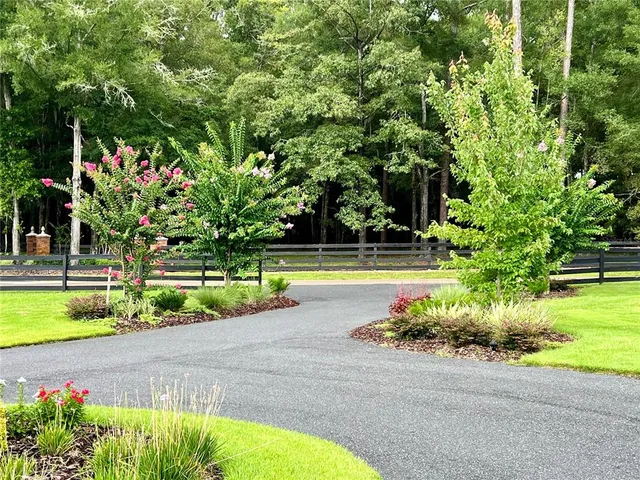 a view of a swimming pool with a yard and plants