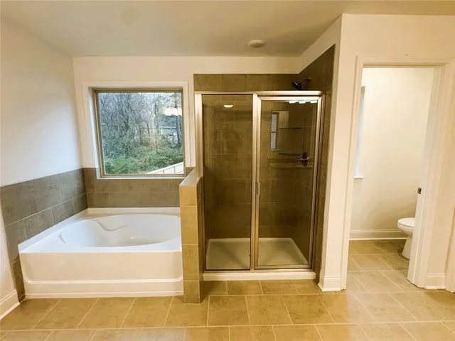 a bathroom with a shower and a toilet