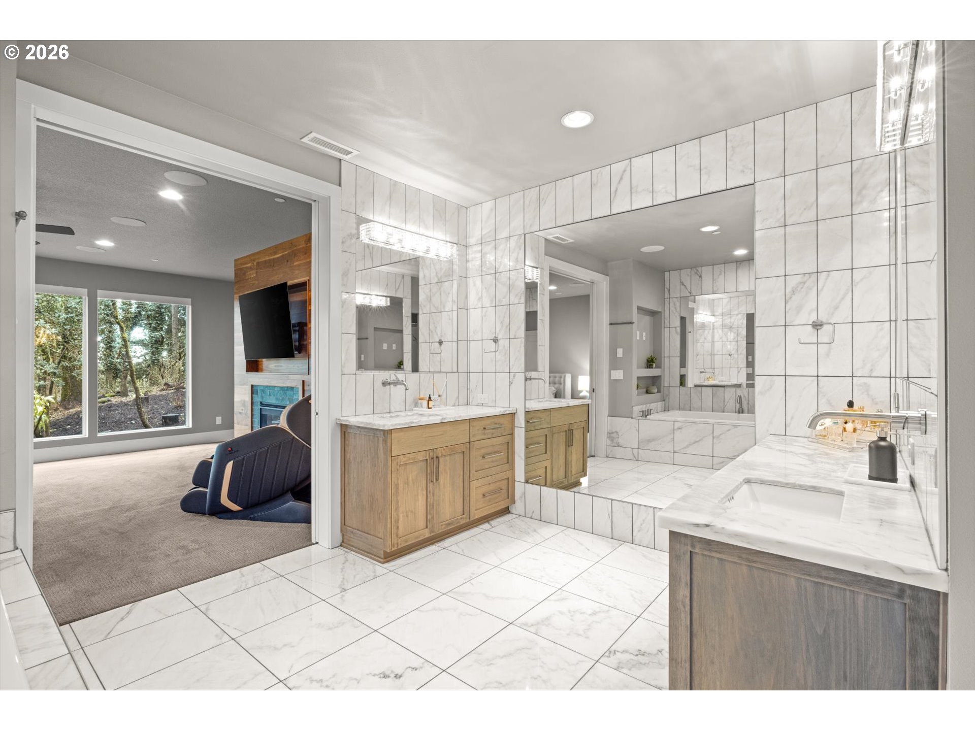 2193 Northeast 3rd Avenue Camas, WA 98607 - Photo 18 of 32 a large bathroom with a double vanity sink a mirror and a shower
