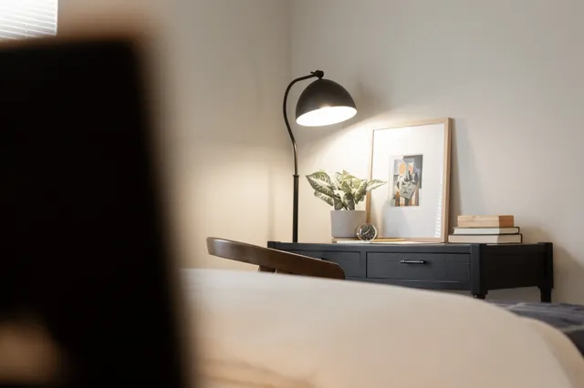 a bedroom with a bed and dresser with mirror