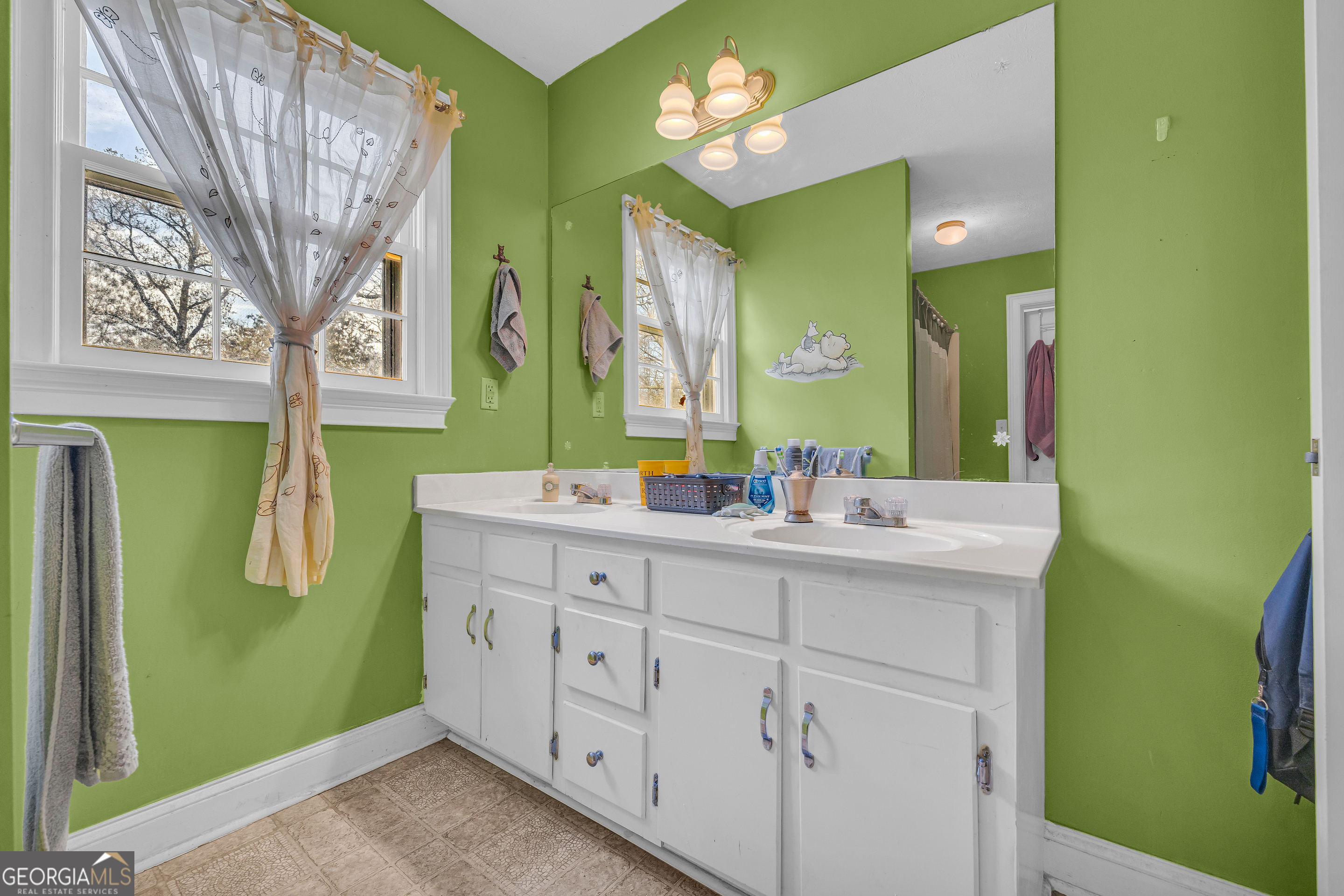 1640 Wire Bridge Road Watkinsville, GA 30677 - Photo 37 of 74 a bathroom with a double vanity sink and a mirror