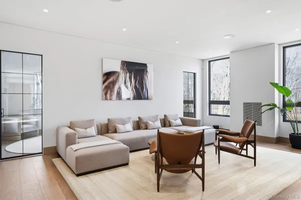 a living room with furniture and a potted plant