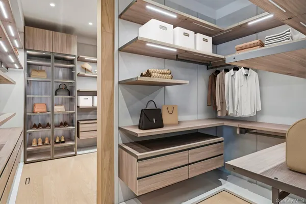 a view of walk in closet with clothes and shoes