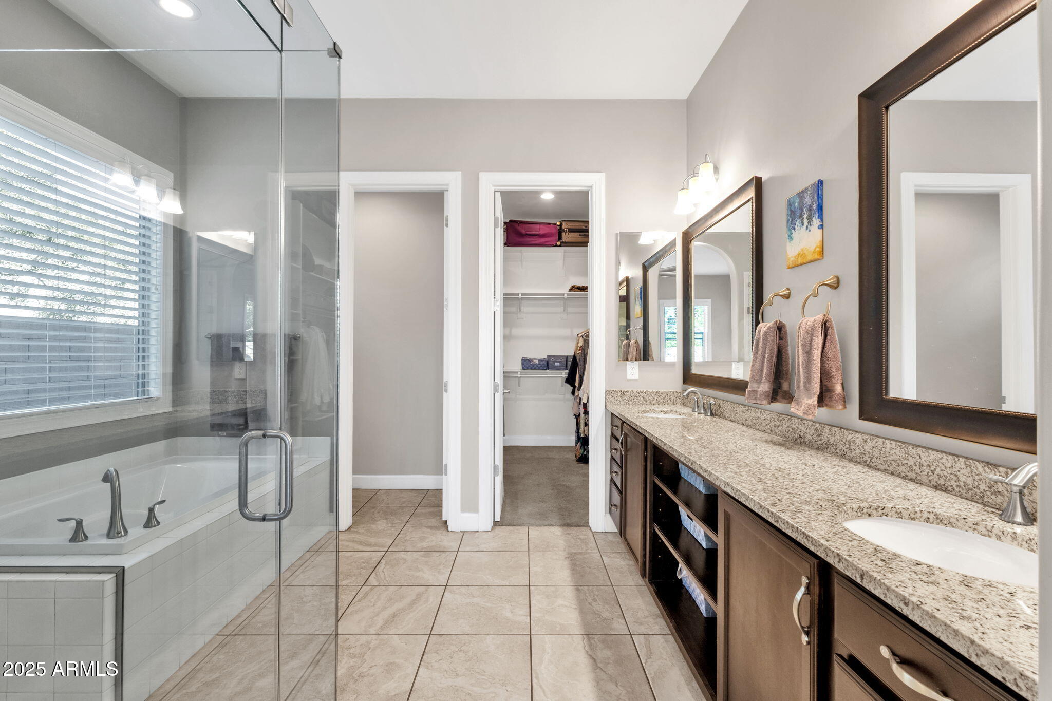 22322 East Rosa Road Queen Creek, AZ 85142 - Photo 31 of 83 a spacious bathroom with a granite countertop double vanity sink a mirror and a shower
