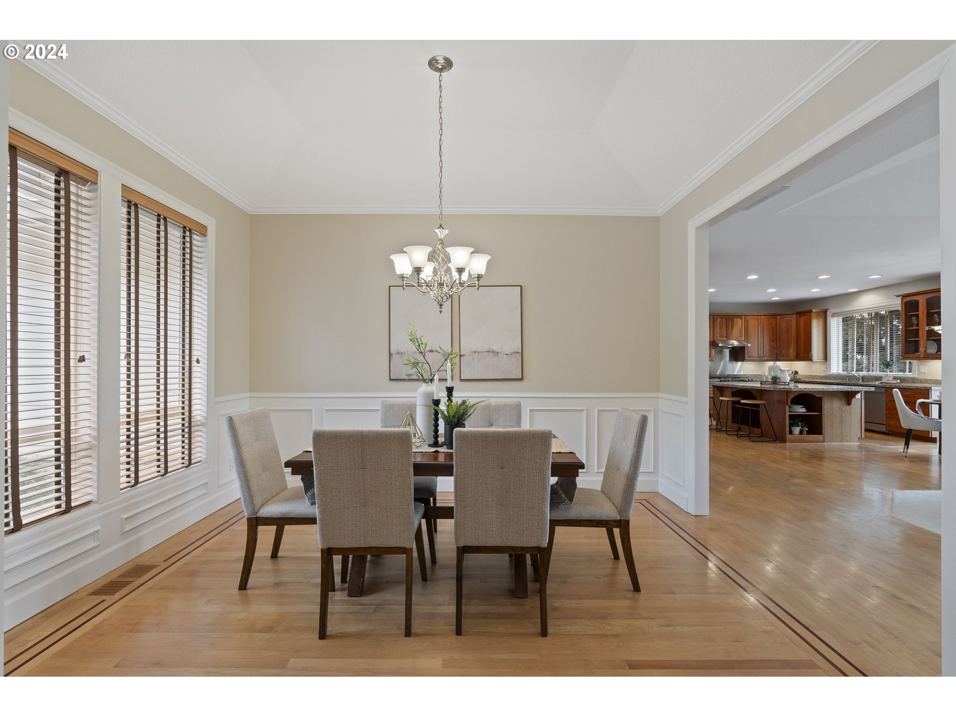 2250 Crestview Drive West Linn, OR 97068 - Photo 14 of 48 a view of a dining room with furniture a chandelier and wooden floor
