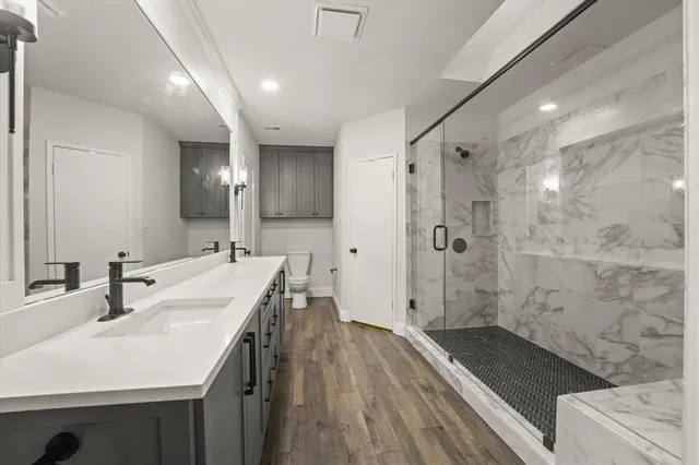 a bathroom with a sink a shower and a mirror