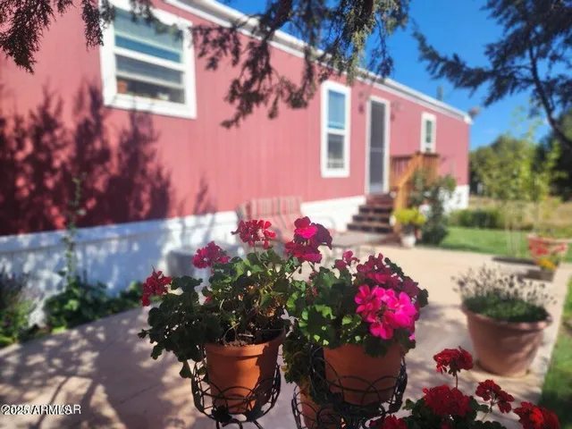 a view of a backyard with a flower garden