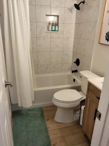a bathroom with a toilet and a shower