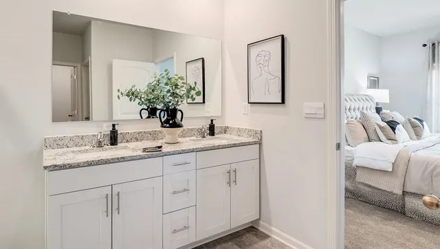 a bathroom with a granite countertop shower sink and mirror