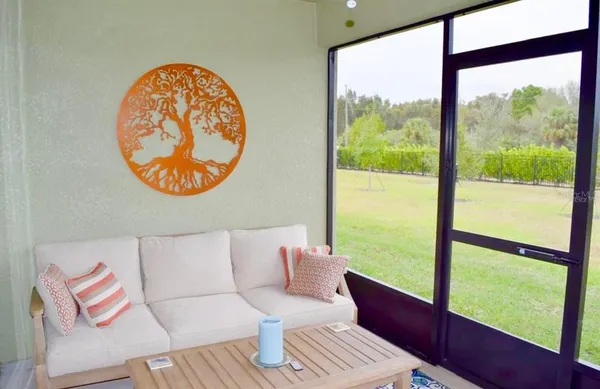 a living room with large window