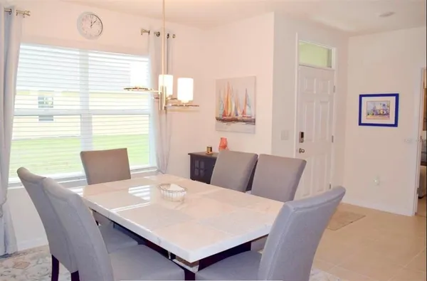 a view of a dining room with furniture window and outside view