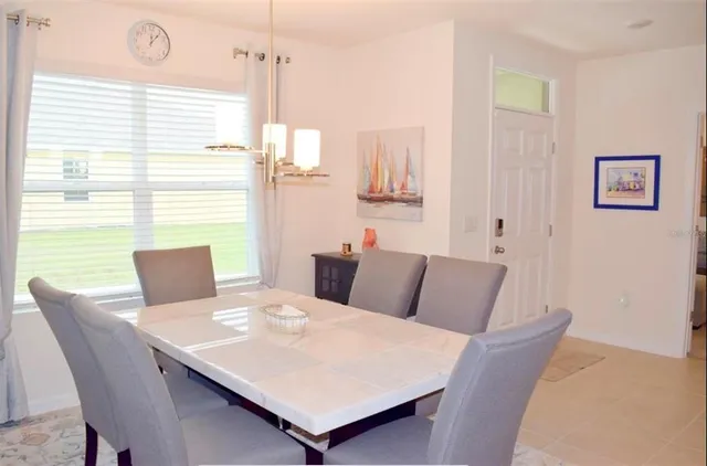 a view of a dining room with furniture window and outside view