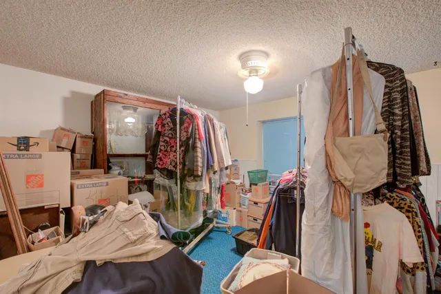 a view of a swimming pool and trees in the background