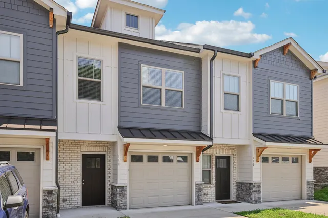 a view of a building with a blue door