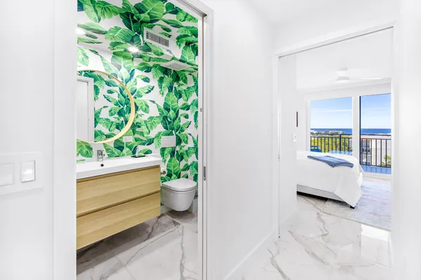 a room with potted plants and a sink