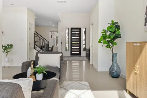 a living room with furniture and potted plant