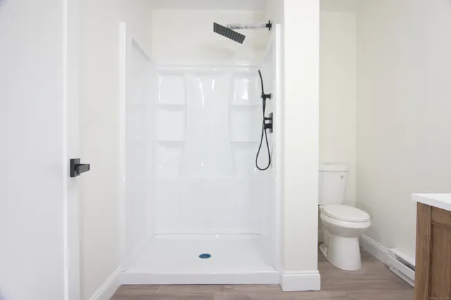 a bathroom with a shower and a toilet