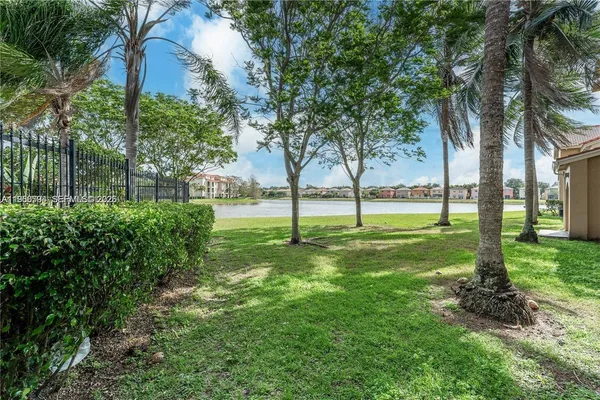 a view of a park with large trees