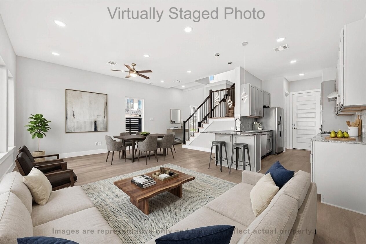 10719 Mason Road, Unit 39 Richmond, TX 77406 - Photo 4 of 50 Virtual Staging - Open-concept home featuring a seamless flow between the modern living area, dining space, and kitchen