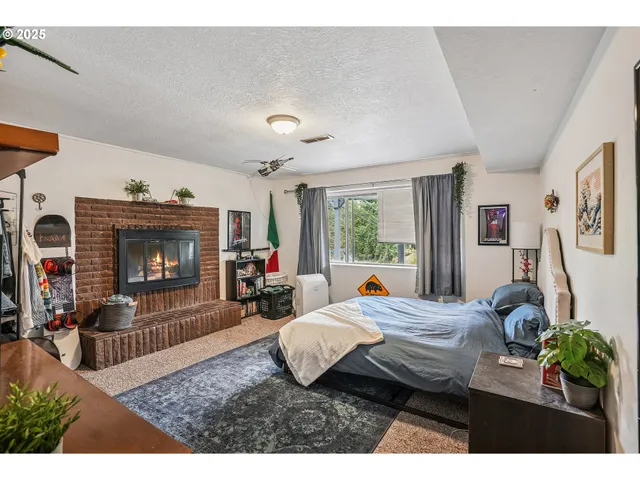 a view of a garage with furniture and a window