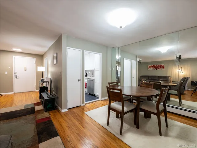a view of a dining room with furniture