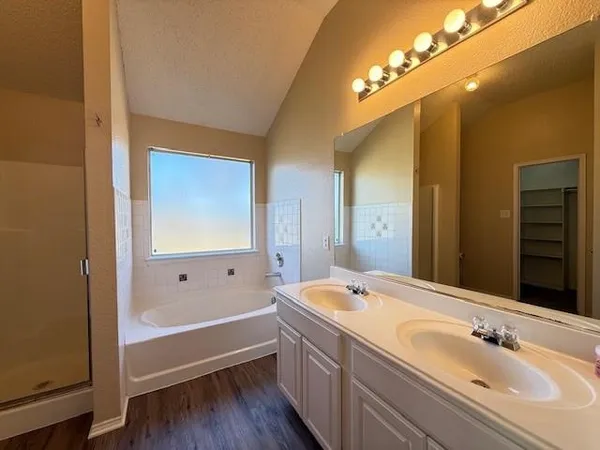 a bathroom with a double vanity sink and a bathtub