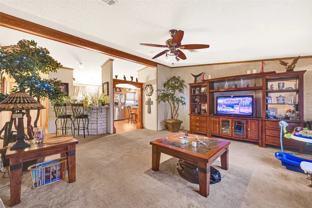 a living room with furniture a rug and a chandelier