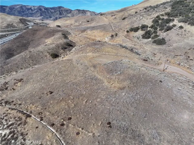 a view of a dry field with trees in the background