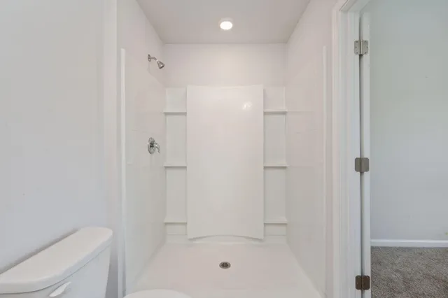 a bathroom with a shower and toilet